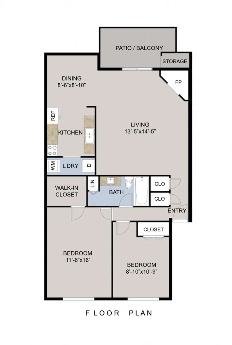 A floor plan showing a two-bedroom apartment layout with labeled areas for dining, living, kitchen, and storage.