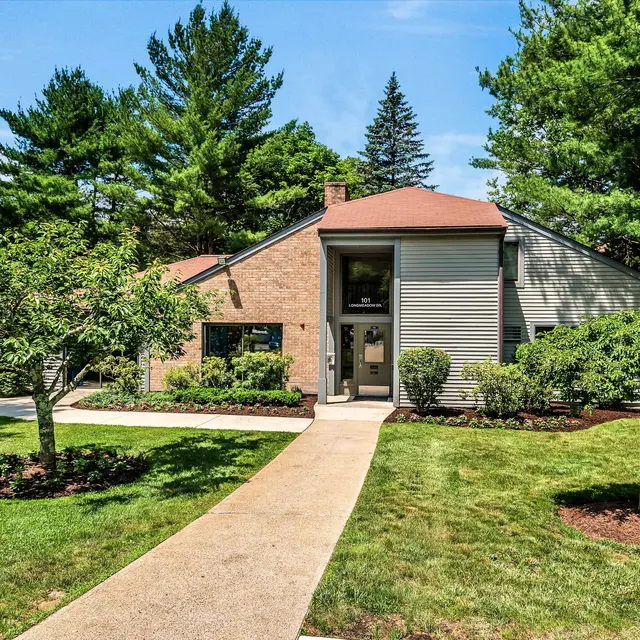 A modern house with a mix of brick and siding, surrounded by lush greenery and trees, featuring a concrete pathway leading to the entrance.