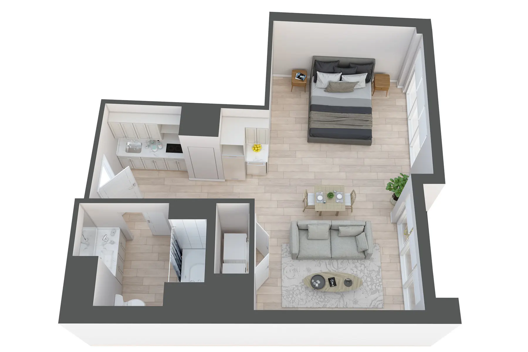 Small Apartment Floor Plan A 3D floor plan of a small apartment featuring a bedroom, living room, kitchen, and bathroom.