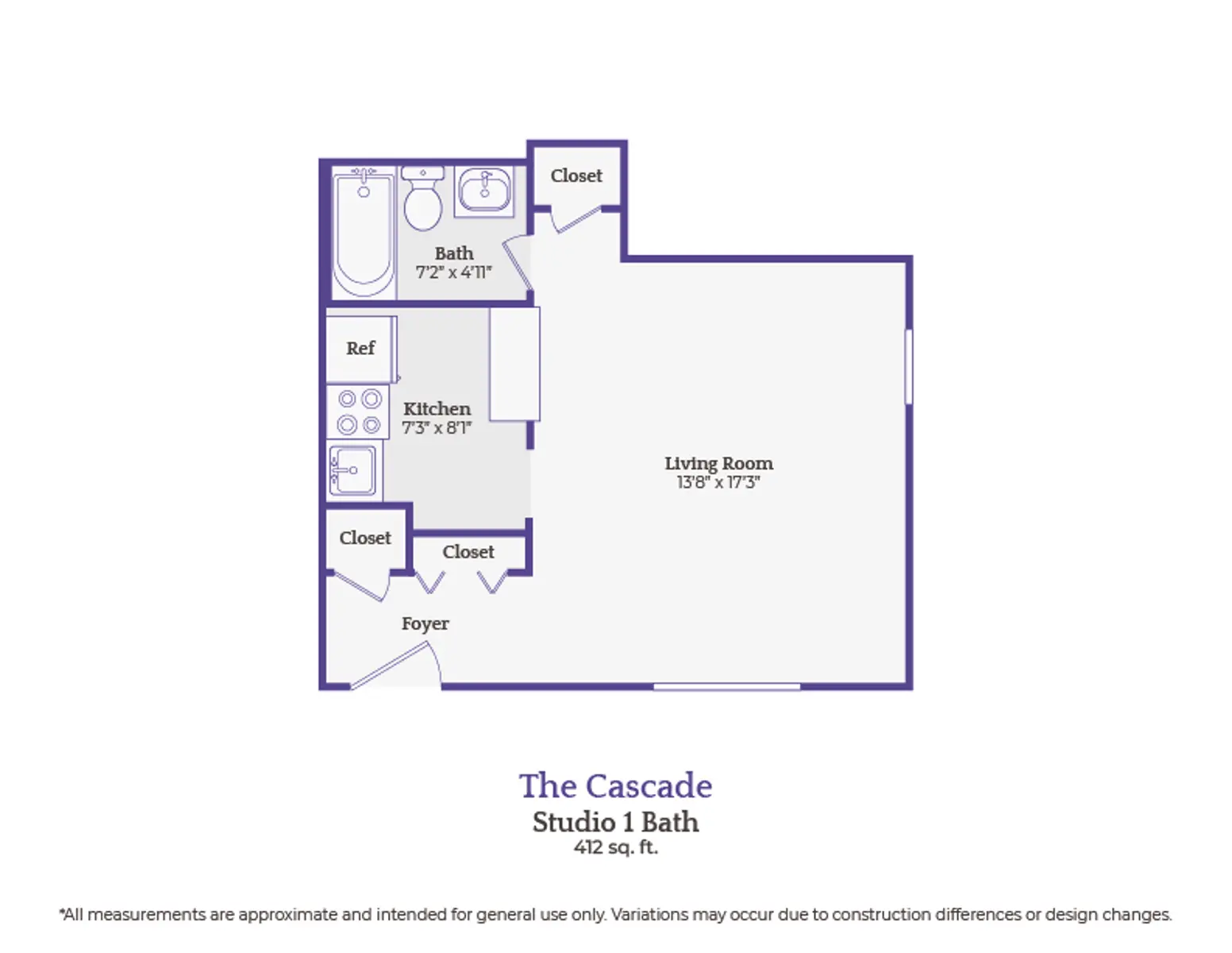 A floor plan for a studio apartment named The Cascade, featuring a layout including a living room, kitchen, bathroom, and closets. The total area is 412 sq. ft.