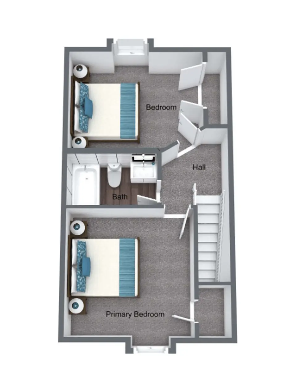 A top-down view of a two-story floor plan featuring three bedrooms, a hall, and a bathroom. The primary bedroom is located on the bottom floor, while another bedroom is situated above it, adjacent to the hall and the bathroom.