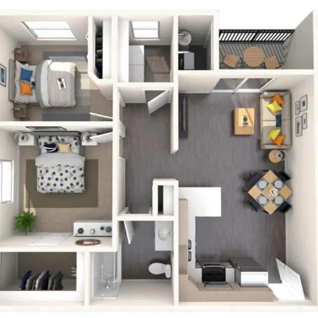 An overhead view of a two-bedroom apartment layout, featuring a living area, dining area, kitchen, bathroom, and two bedrooms with corresponding furnishings.