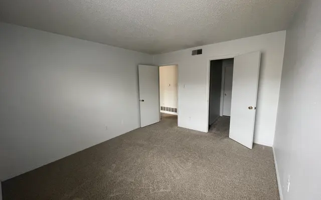 Vacant Room Interior A vacant room with light gray walls, carpet flooring, and two open doors leading to adjacent areas.