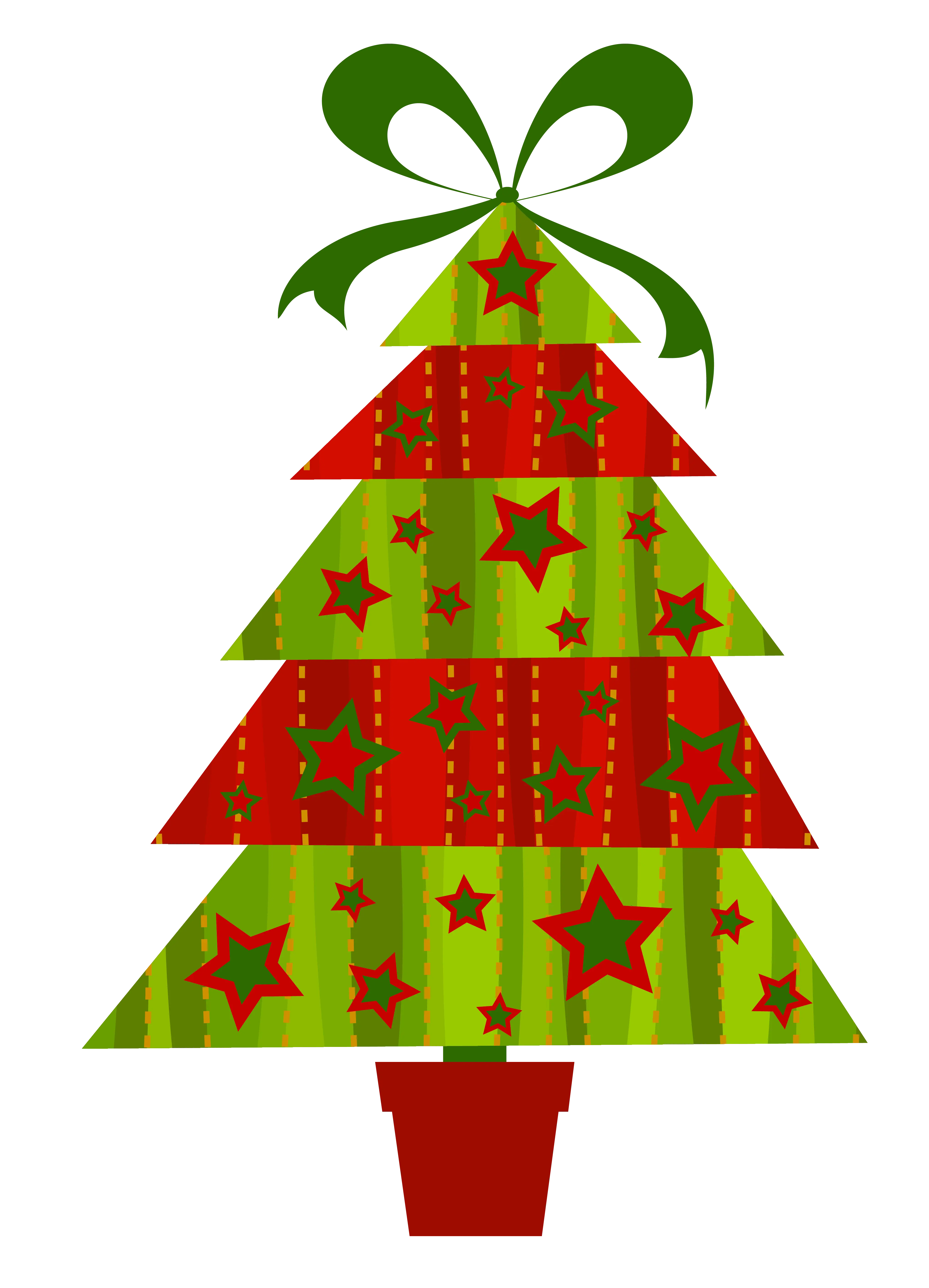 Colorful Christmas Tree A stylized Christmas tree with triangular layers in green and red, decorated with stars and lines, topped with a green bow and standing in a brown pot.