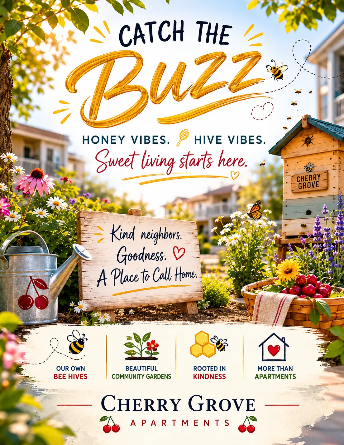 A vibrant advertisement for Cherry Grove Apartments featuring a garden scene with flowers, a bee house, and a watering can. The text promotes a friendly community, honey vibes, and beautiful living spaces.