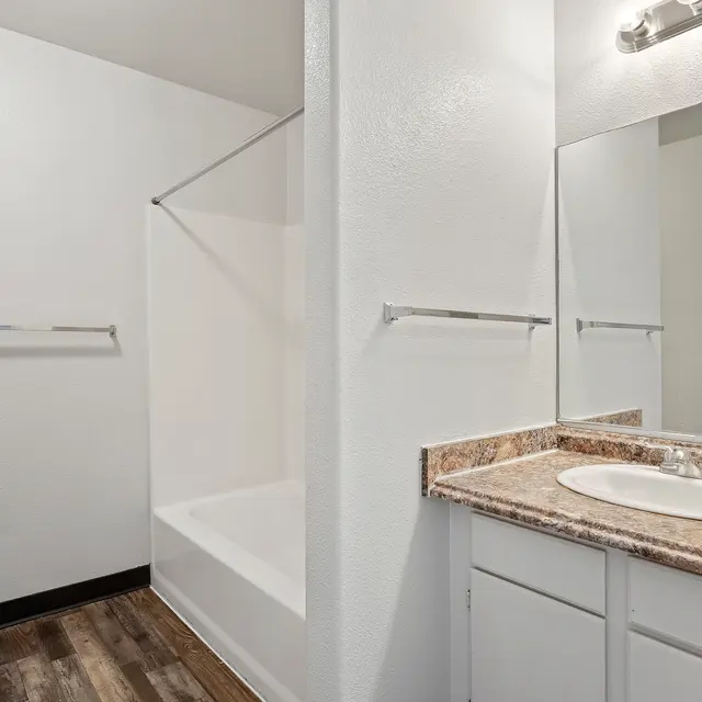 Contemporary Bathroom Design A modern bathroom featuring a bathtub with a shower, granite countertop, and a large mirror. The walls are painted white, and the flooring is hardwood.