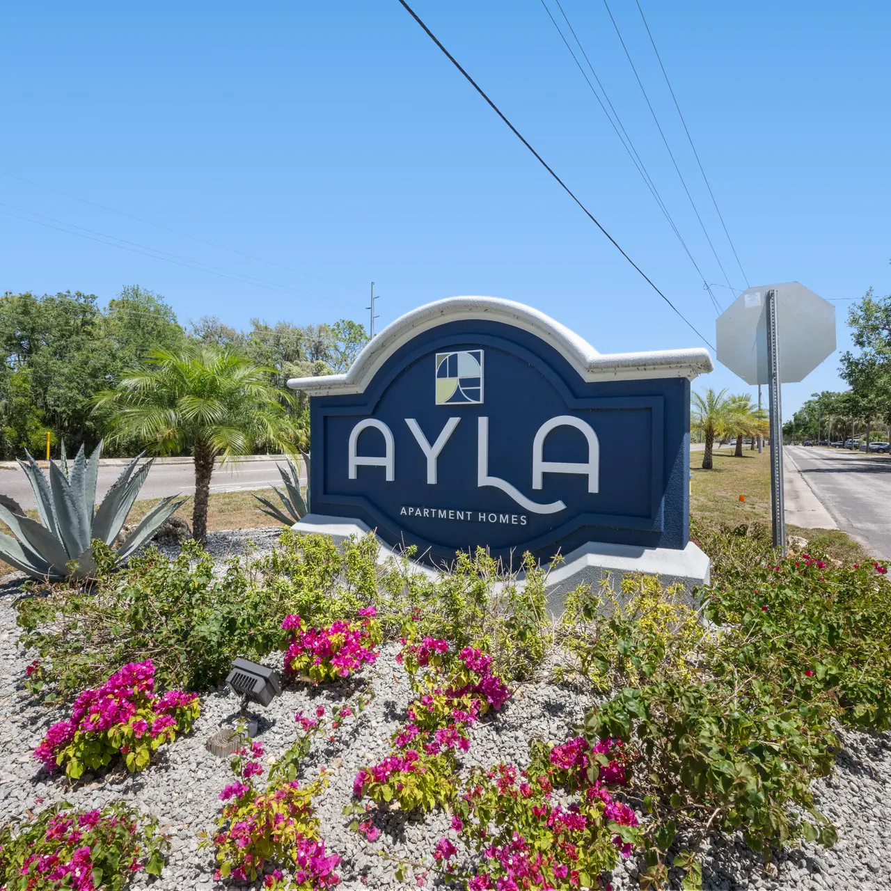 A sign for Ayla Apartment Homes surrounded by landscaping including colorful flowers and green foliage.