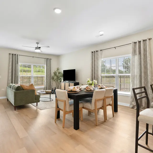 A contemporary living and dining area featuring a green sofa, a dining table set for a meal, large windows with curtains, and a flat-screen TV.