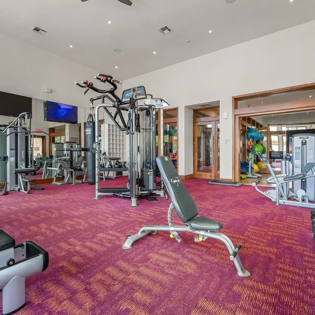 Interior view of a modern fitness center with various exercise equipment including weight machines, a rowing machine, and free weights. The flooring is patterned in shades of red and there are large windows allowing natural light inside.