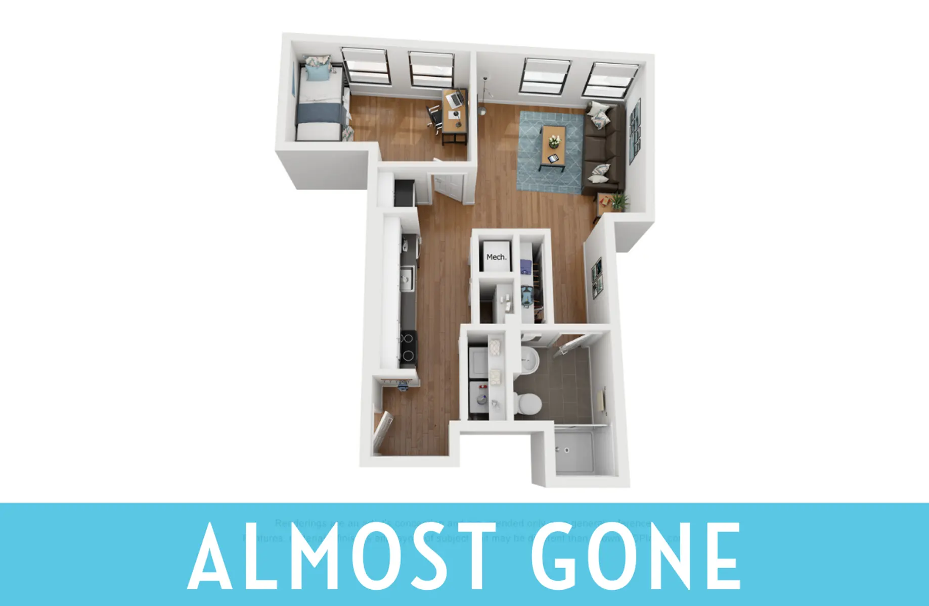 A top-down view of a two-bedroom apartment floor plan showcasing a living area, kitchen, bathroom, and two bedrooms, labeled 'Almost Gone'.