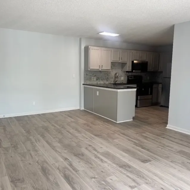 A spacious, modern living area with light gray walls, hardwood floors, and a connected kitchen. The kitchen features light cabinets, dark countertops, and stainless steel appliances.
