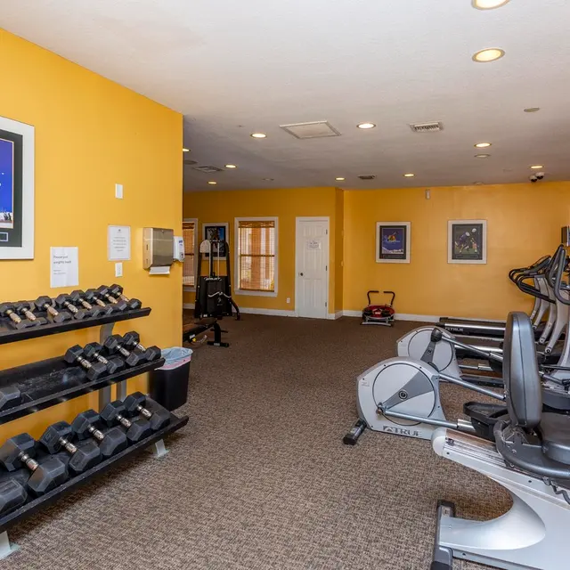 A spacious gym with a yellow wall and various fitness equipment, including a rack of dumbbells and several cardio machines.