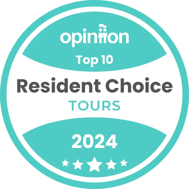 Top 10 Resident Choice Tours 2024 A badge with a circular design stating 'Top 10 Resident Choice Tours 2024', featuring a turquoise and white color scheme with four stars at the bottom.