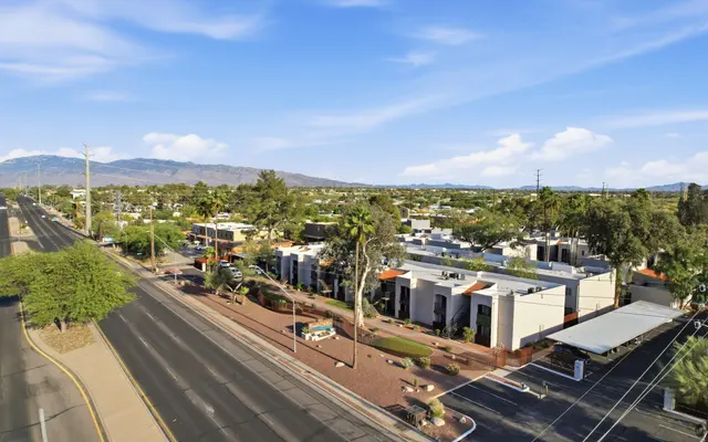 Aerial view of a suburban area featuring single-story buildings, green trees, and a wide road lined with utility poles.