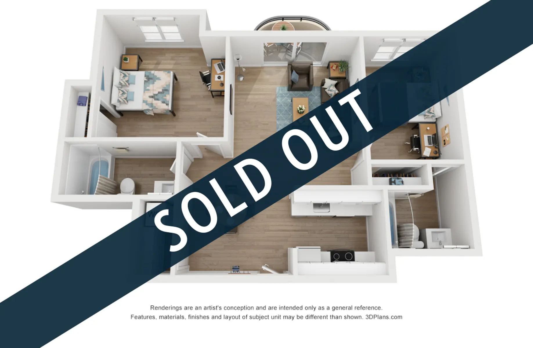 A top-down view of an apartment layout with a label overlay stating 'SOLD OUT'.