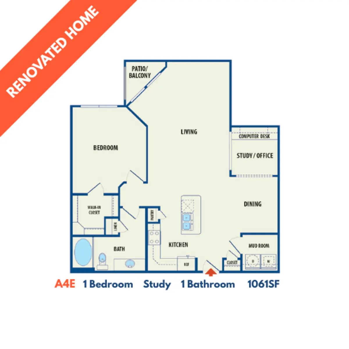 Floor Plan of Renovated 1 Bedroom Home A floor plan layout of a renovated one-bedroom home with a study, one bathroom, living room, dining area, and patio/balcony. Features include labeled rooms and measurements.