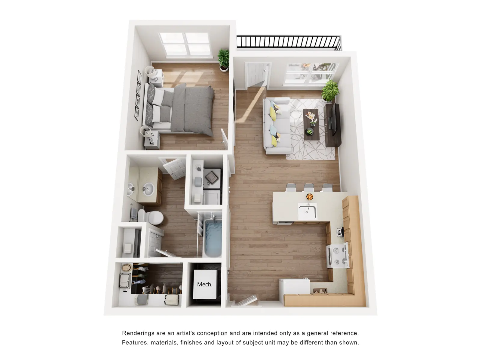 A top-down view of a one-bedroom apartment floor plan. It includes a living room, kitchen, bathroom, and bedroom with designated areas shown for furniture.