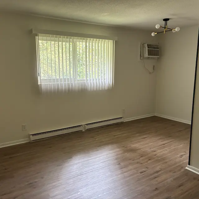 An empty room featuring a large window with blinds, an air conditioning unit on the wall, and a modern ceiling light fixture. The floor is covered in light wood flooring, contributing to a bright and airy atmosphere.