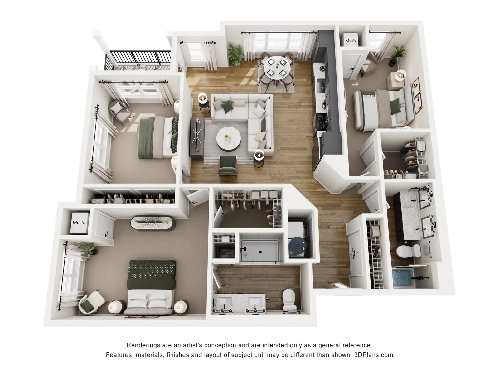 A 3D floor plan of a residential apartment showing multiple rooms including a living area, kitchen, and bedrooms, with furniture arranged in each space.