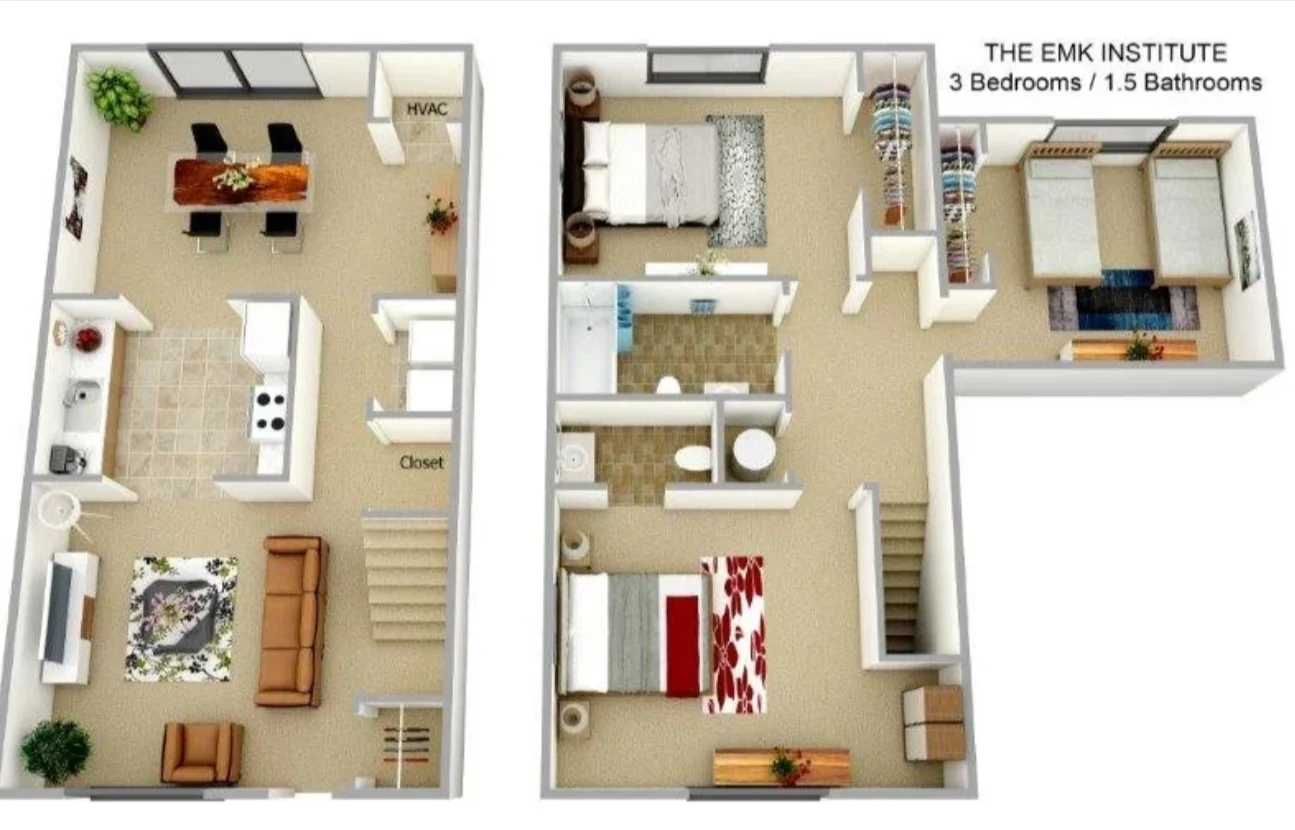 Floor Plan of The EMK Institute A 3D floor plan of The EMK Institute, showing both levels of a residential layout. The first level features an open living area with a kitchen, a dining area, and a living room, plus a closet and HVAC unit. The second level includes three bedrooms and one and a half bathrooms, with a staircase connecting both levels.
