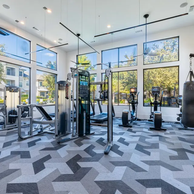 Interior of a modern gym featuring various exercise equipment and large windows allowing natural light.