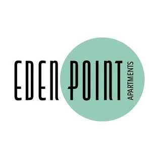 Logo of Eden Point Apartments featuring the name in modern typography with a mint-green circular background.
