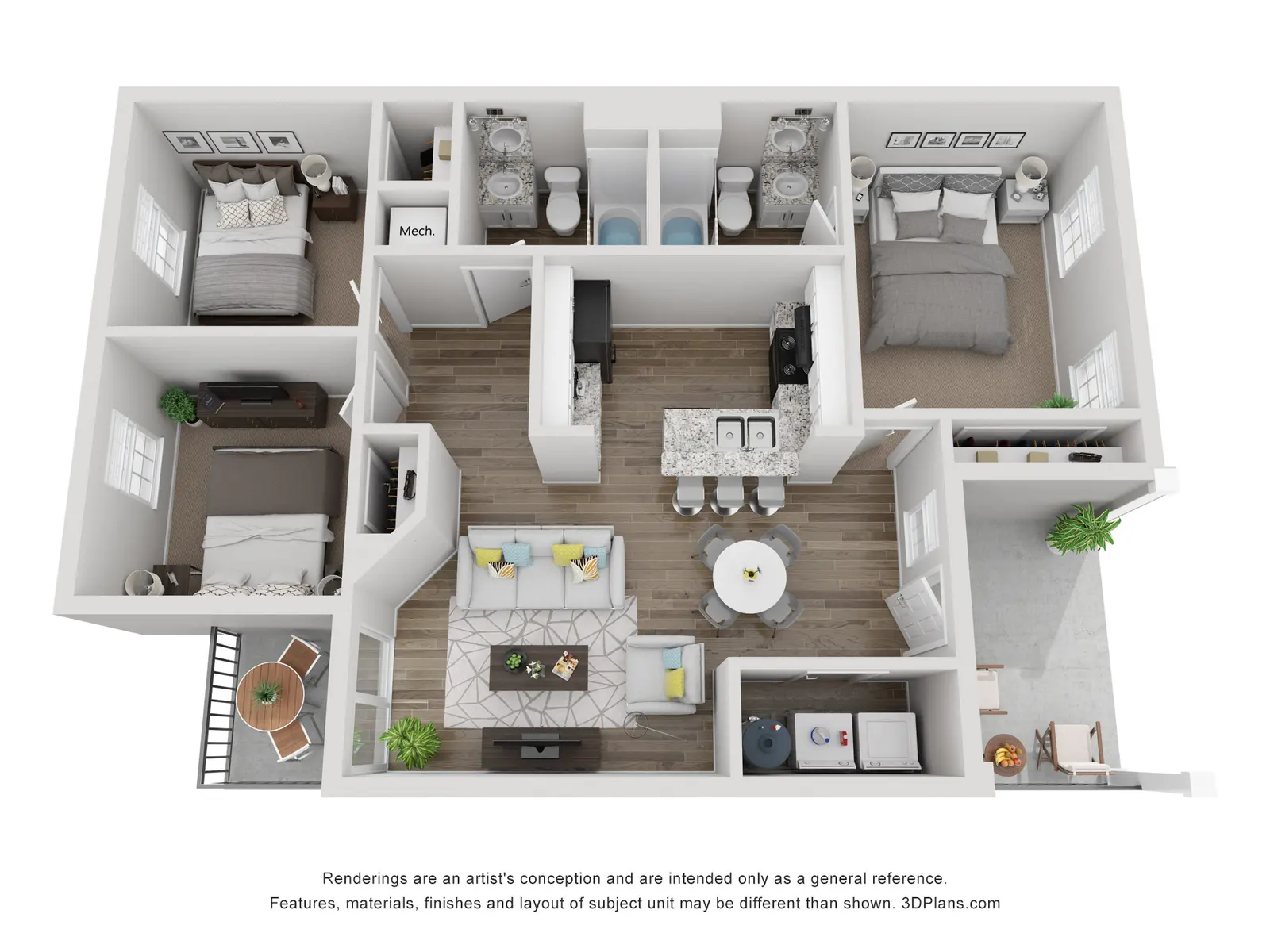 A 3D floor plan of an apartment featuring two bedrooms, two bathrooms, a kitchen, a dining area, and a living room, with labeled areas including a mechanical room. The layout showcases a modern design with furniture and decor elements.