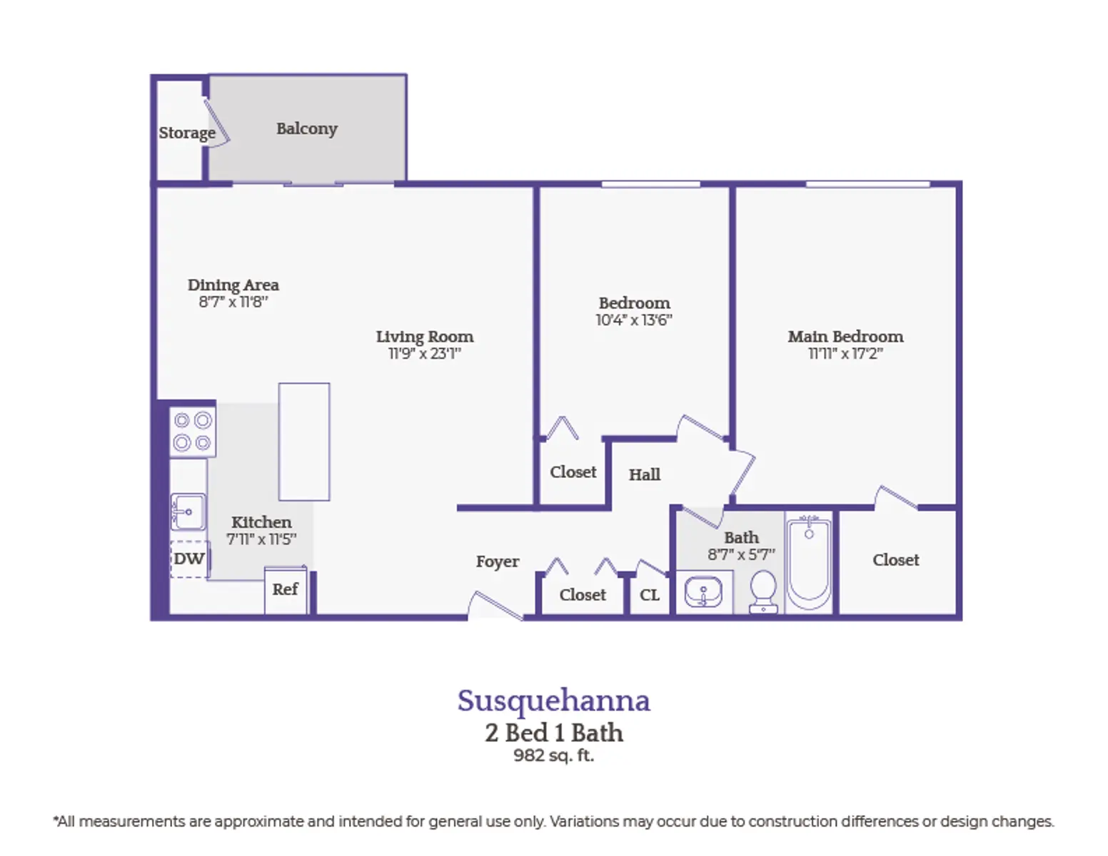 Floor plan of a 2-bedroom, 1-bath apartment named Susquehanna, measuring 982 sq. ft. Layout includes a kitchen, living room, dining area, and two bedrooms with closets.
