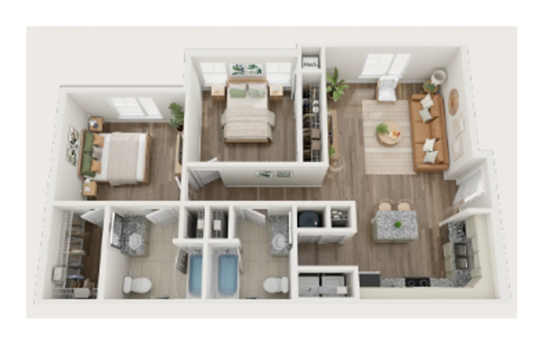 A top-down view of a two-bedroom apartment layout featuring a living room, kitchen, two bedrooms, and two bathrooms. The layout shows furniture placements, including beds, a dining table, and a sofa.