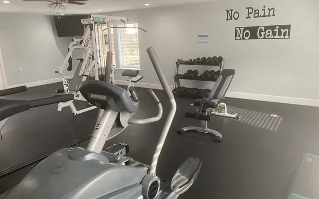 Interior view of a home gym featuring various exercise equipment including a stationary bike, weight bench, and resistance machines. A motivational quote 'No Pain No Gain' is prominently displayed on the wall.