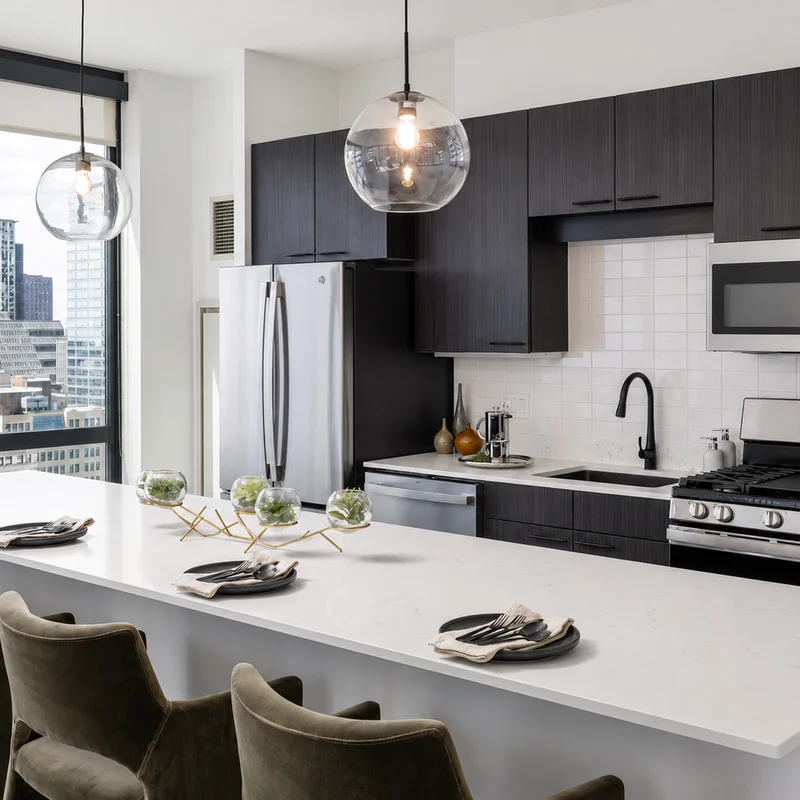 Stylish Urban Kitchen A modern kitchen featuring dark wood cabinetry, stainless steel appliances, and a large white countertop with seating. Large windows offer a city skyline view.
