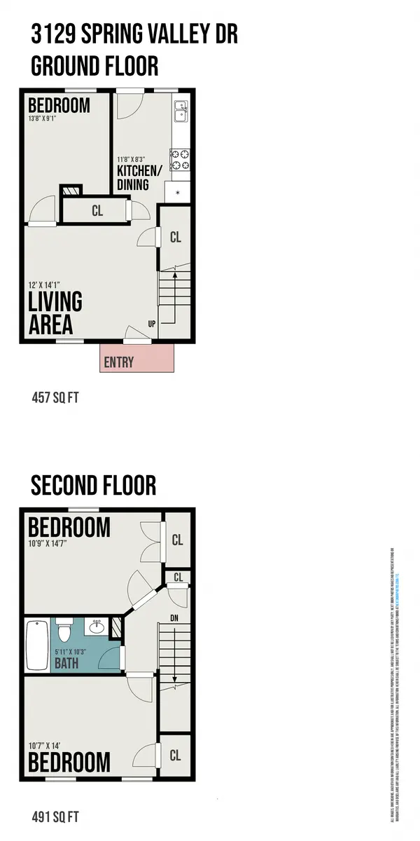 Floor Plan for 3129 Spring Valley Dr Floor plan for a two-story residence located at 3129 Spring Valley Dr. The ground floor includes a living area, bedroom, kitchen/dining area, and entry. The second floor has two bedrooms and a bathroom.