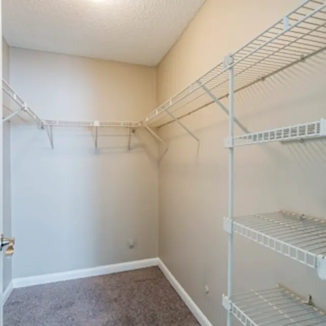 An empty closet with wire shelving and beige walls, carpeted floor, and a ceiling light.