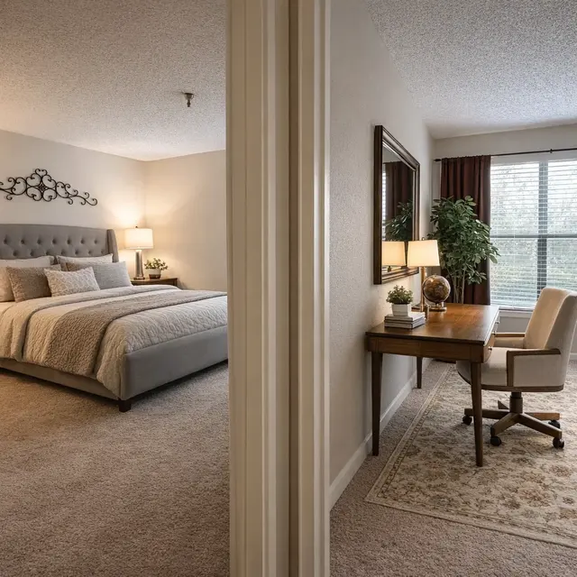 Elegant Apartment Bedroom and Office A modern apartment showcasing two areas: a bedroom with a large bed and bedside tables, and a workspace with a desk and chair by a window.