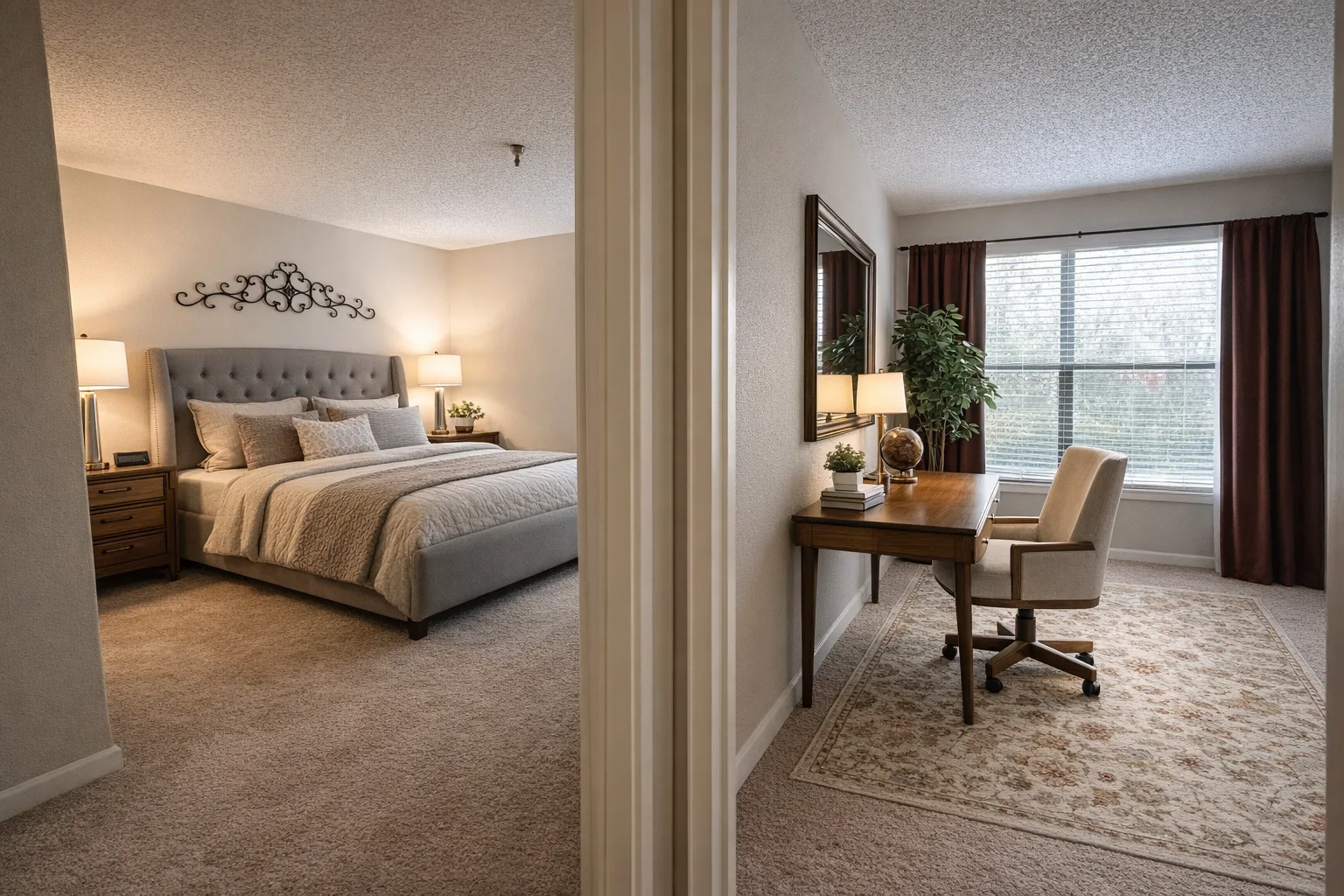 A modern apartment showcasing two areas: a bedroom with a large bed and bedside tables, and a workspace with a desk and chair by a window.