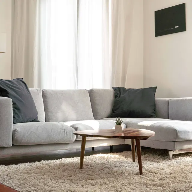 Cozy Living Room with Gray Sofa A cozy living room with a light gray sectional sofa, two dark gray pillows, and a small wooden coffee table. The space is illuminated by natural light coming from large windows with white curtains. A plush rug covers the brown wooden floor.