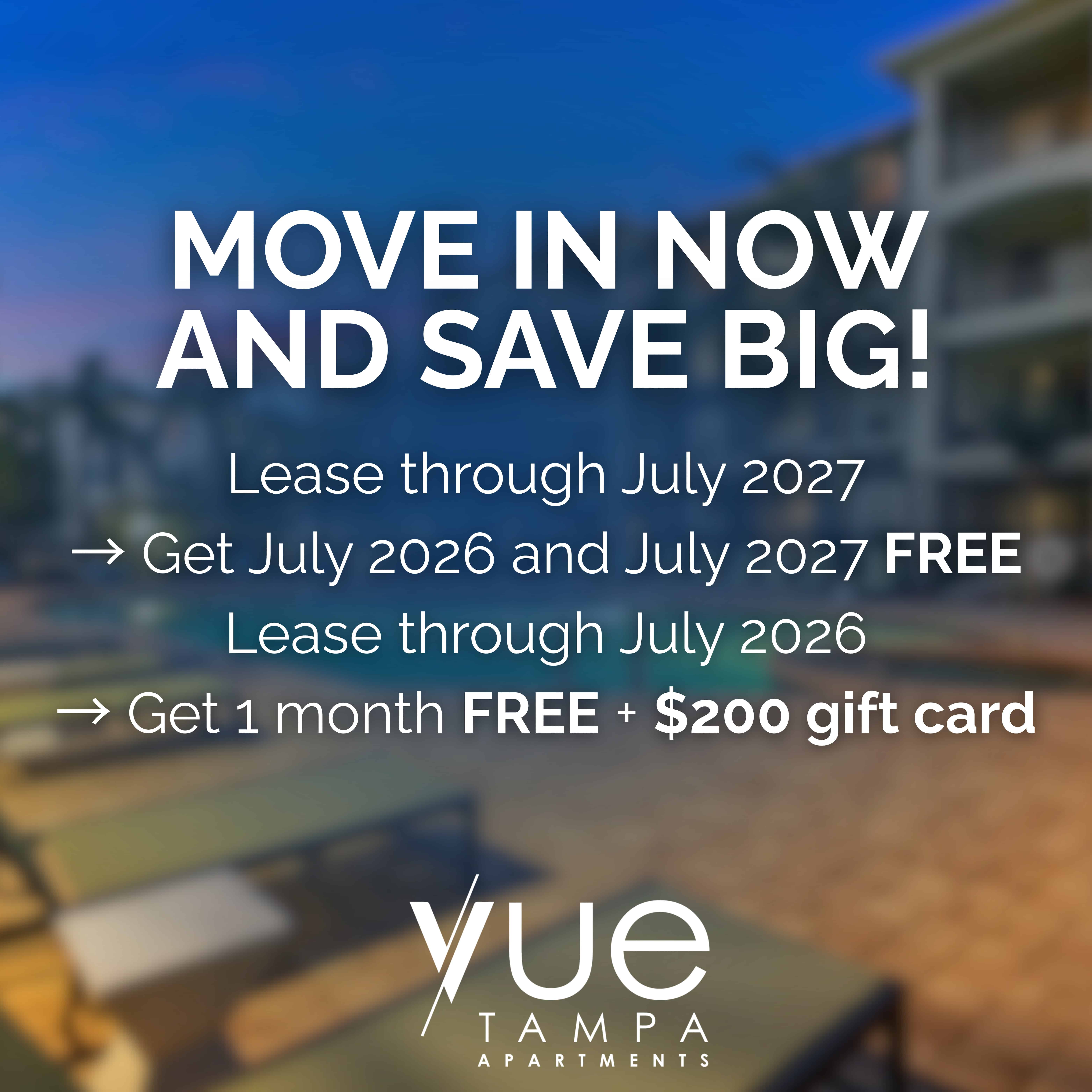 Promotional advertisement for apartments showing a blurred background of an apartment complex pool area with text offering leasing deals.