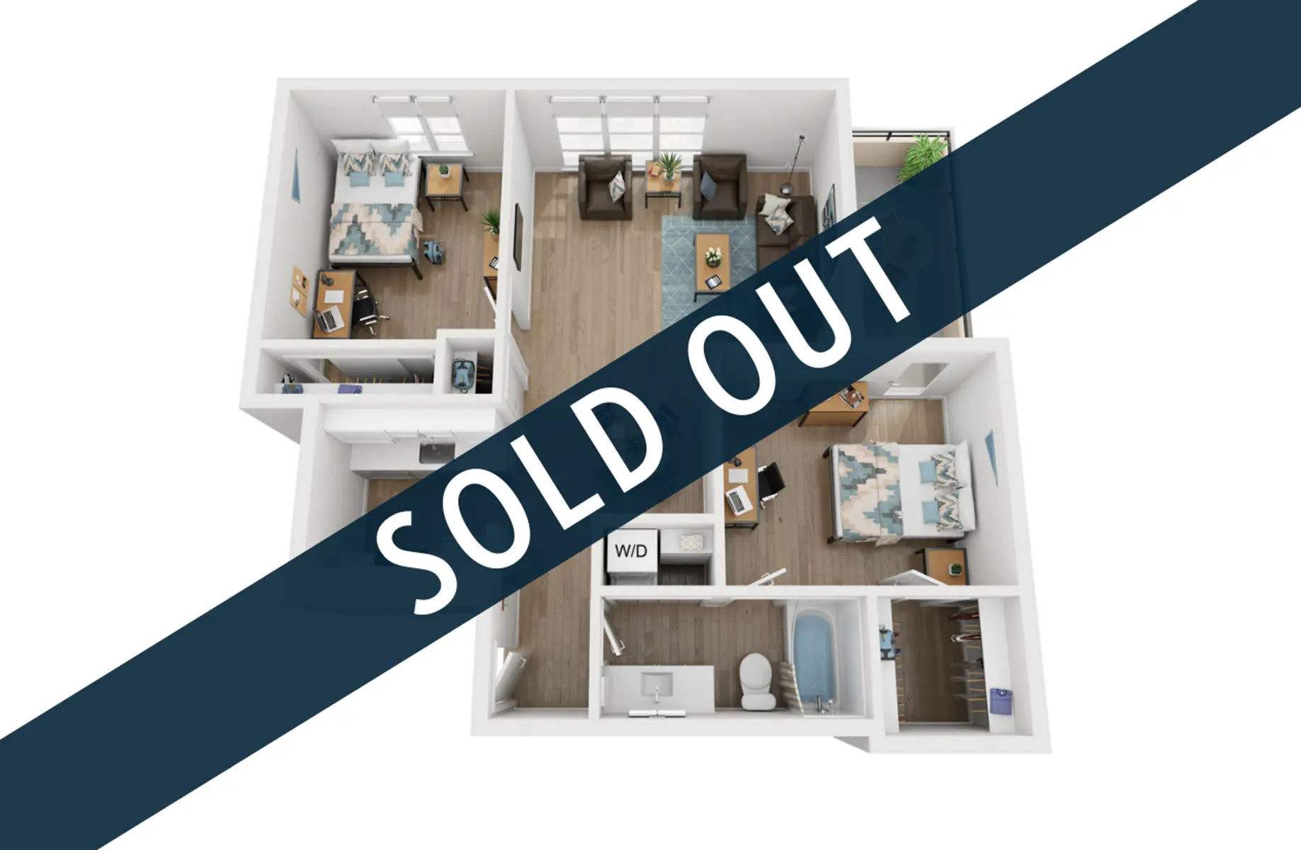 An aerial view of a floor plan for a two-bedroom apartment, overlaid with the text 'SOLD OUT' in a bold, diagonal banner.