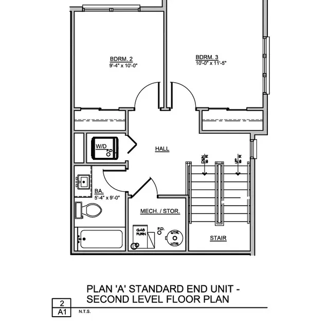 Architectural floor plan showing the layout of a second level unit with three bedrooms, a bathroom, laundry, and storage areas as well as stairs.