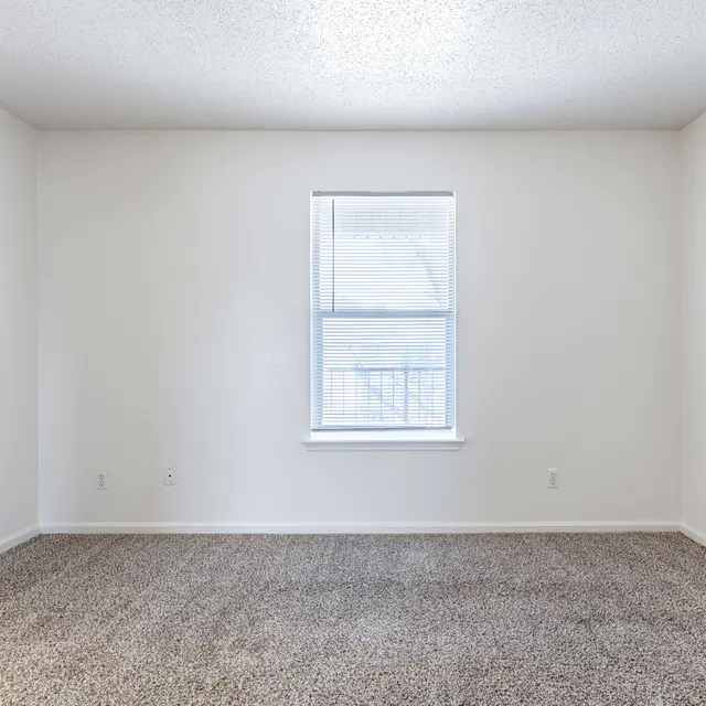 An empty room with light gray carpet and white walls, featuring a window with blinds.
