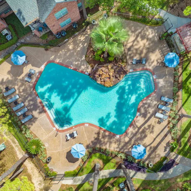 An aerial view of a pool area surrounded by green trees and lounge chairs.