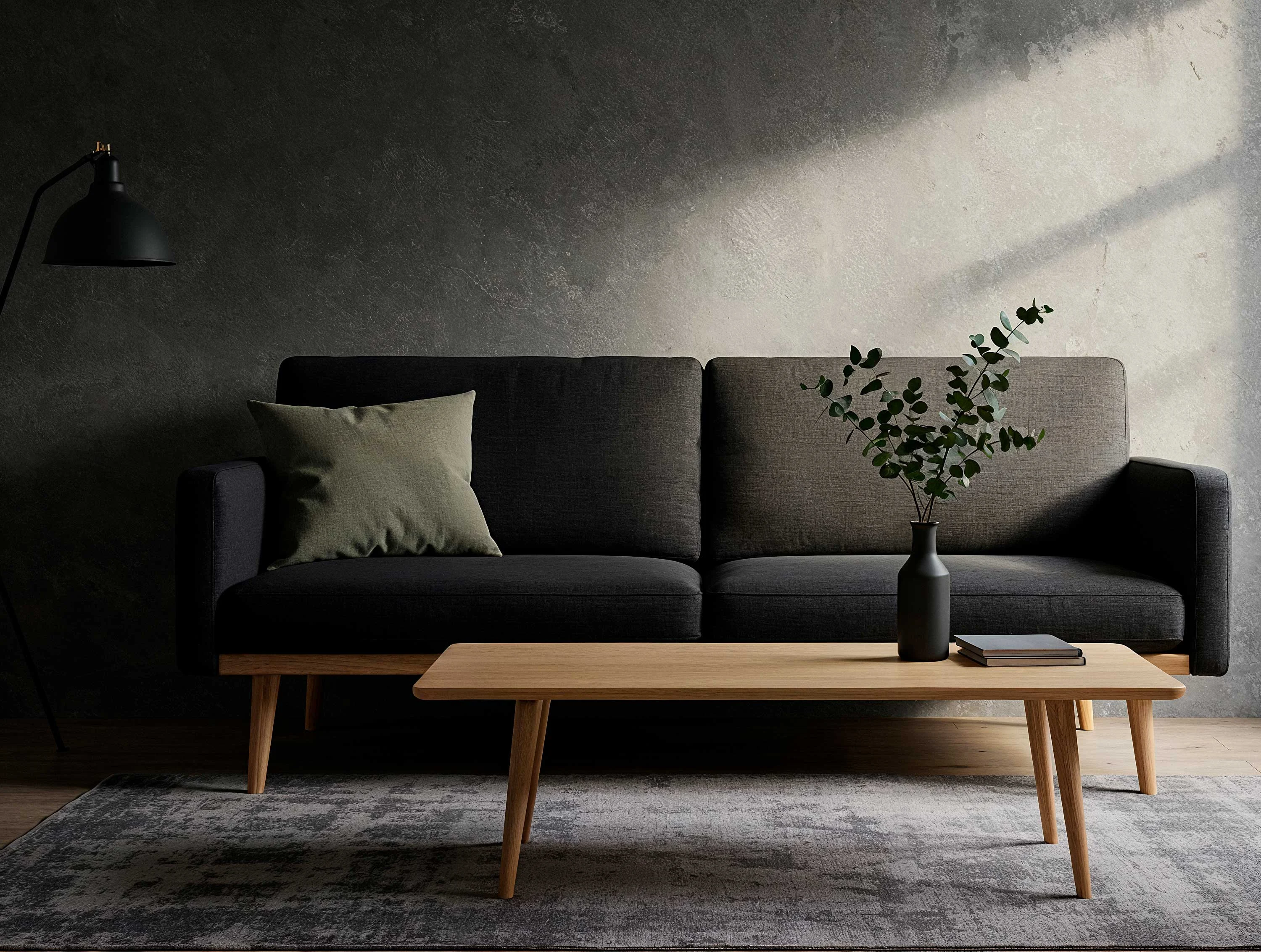 A modern living room featuring a dark-colored sofa, a coffee table, and a floor lamp with a minimalist design. There is a green cushion on the sofa and a vase with greenery on the coffee table. The room has a moody, dimly lit atmosphere.