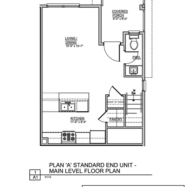 A floor plan diagram of a main level living space labeled as PLAN 'A' STANDARD END UNIT. It includes a living/dining area, kitchen with pantry, covered porch, and a bathroom.
