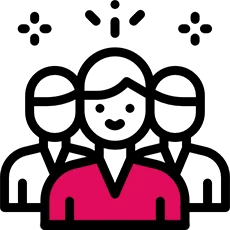 An illustration of two silhouettes standing behind a smiling person in the foreground, depicted with a pink shirt and a positive expression. Star-like icons are above the group, suggesting celebration or achievement.