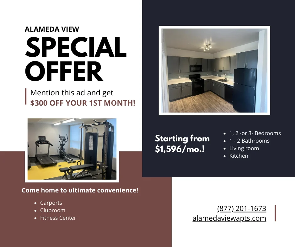 Promotional flyer for Alameda View apartments featuring a special offer for $300 off the first month, images of fitness equipment, and a modern kitchen.