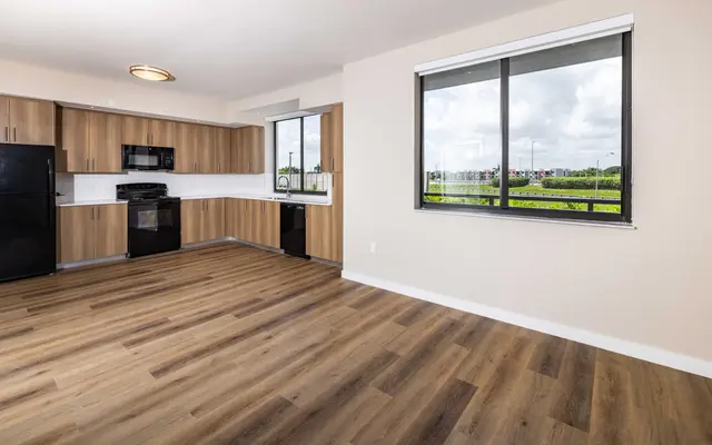 Spacious kitchen area with wooden cabinets and black appliances, large window showing greenery outside.