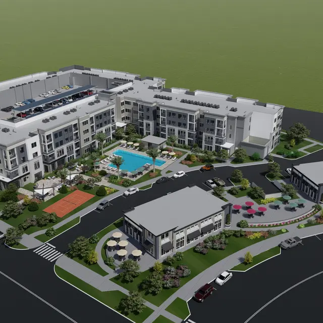 Aerial view of a modern apartment complex featuring multiple buildings, a swimming pool, parking spaces, and landscaped areas.