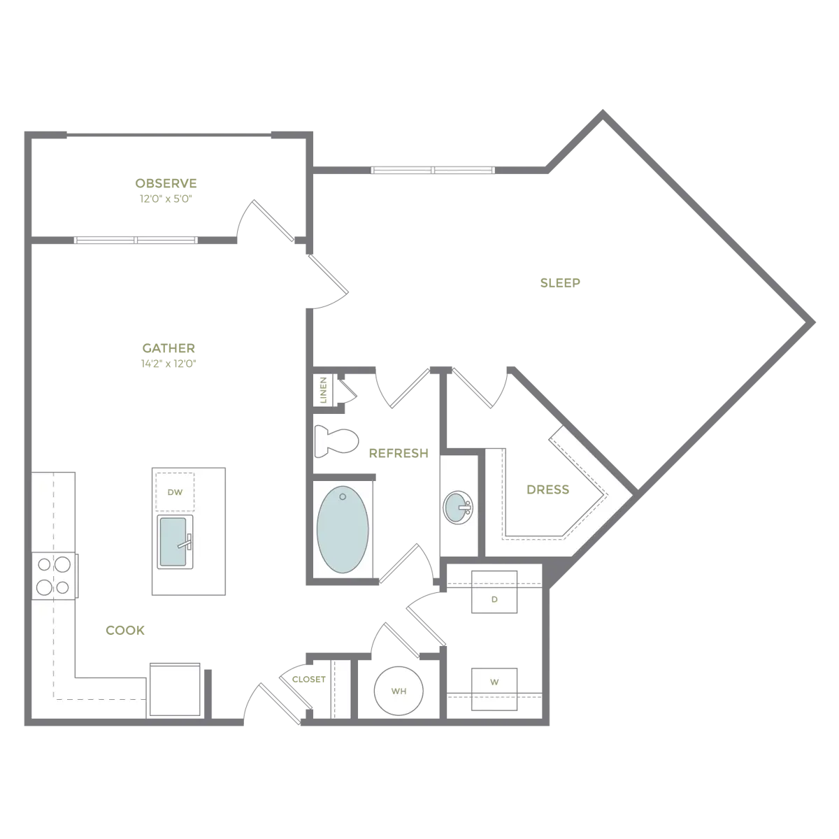 One-Bedroom Apartment Floor Plan A floor plan of an apartment with labeled areas including kitchen, living room, bathroom, and bedroom.