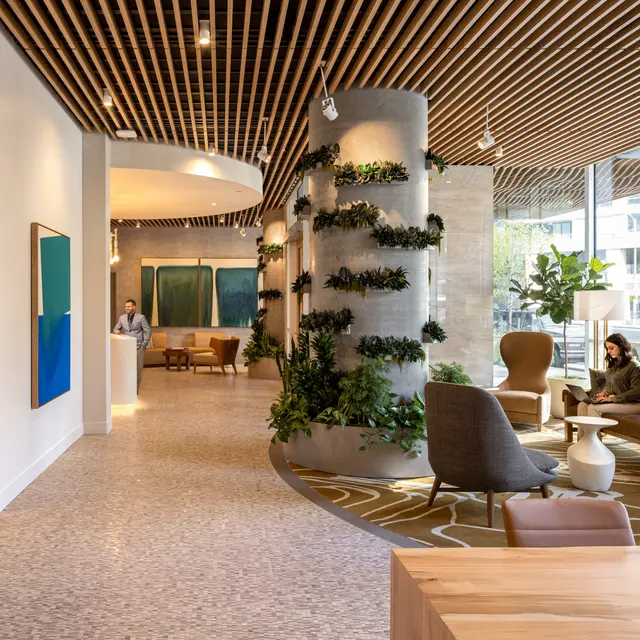A modern lobby with wooden ceiling, plants, comfortable seating and artwork.