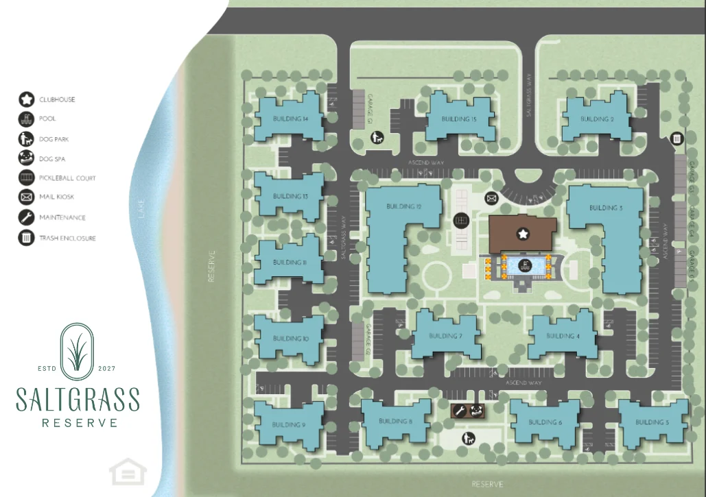 Saltgrass Reserve Site Map A detailed map of Saltgrass Reserve showing the layout of buildings, amenities, and features including a clubhouse, pool, dog park, and more.